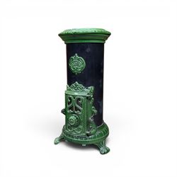 French Godin cast iron enamel stove, circular form, finished in green and black paint