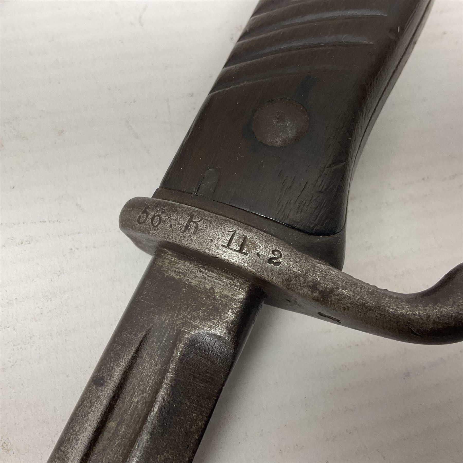 WWI Prussian S98 bayonet with 52cm fullered steel blade dated 1906 to pipeback and marked Solingen to ricasso, regimentally stamped to cross guard 56.R.11.2. for 56 Infanterie Regiment, 11 Kompanie, Waffe 2, L65cm overall; and another in battlefield relic condition (2)