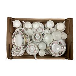 Paragon part dinner service in Belinda pattern, including teapot, six tea cups and saucers, dinner plates etc, together with Royal Doulton part tea service in Carnation pattern, Wedgwood part tea service in Hathaway Rose