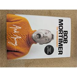 Eight first edition books, comprising signed Bob Mortimer 'And Away' autobiography, signed Richard Coles 'Murder Before Evensong' and six Richard Osman books, including 'The Thursday Murder Club' and 'The Last Devil To Die', with two Richard Osman signed bookplates