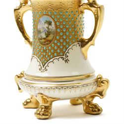 Coalport porcelain jewelled vase and cover, circa 1900, painted with a small enamel reserve of Loch Awe, printed backstamp and gilt numbered V5955, H17cm