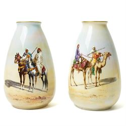 Pair of Tuscan China vases painted with Middle Eastern scenes signed R Haigh H18cm, another in similar subject and two other Tuscan China vases painted with birds