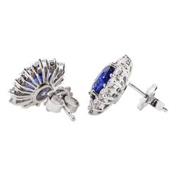 Pair of 18ct white god fine Ceylon sapphire and round brilliant cut diamond cluster stud earrings, hallmarked, total sapphire weight approx 4.20 carat
