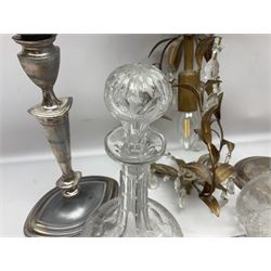 Two silver plate candelabras, together with two glass decanters, necklace and other collectables 
