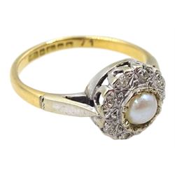 18ct gold diamond and split pearl circular ring, hallmarked
