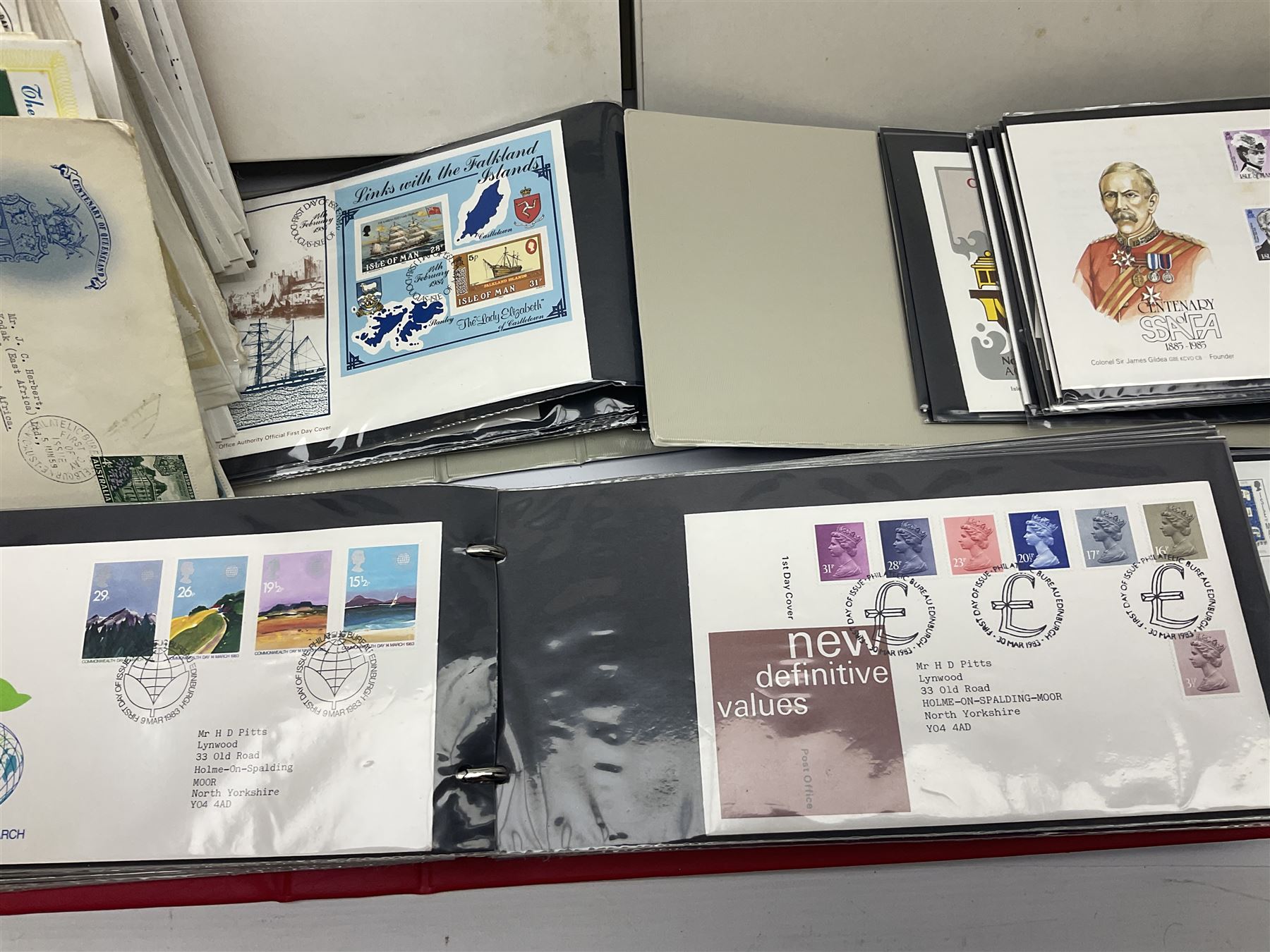 Stamps including Great British and Channel Islands first day covers, with various postmarks and genres, reference material etc, housed in various folders and loose, in one box