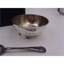 1930s silver christening bowl and spoon, both engraved with initials JTB, bowl hallmarked William Comyns & Sons Ltd, London 1935, spoon hallmarked Cooper Brothers & Sons Ltd, Sheffield 1934, contained within silk and velvet lined fitted case