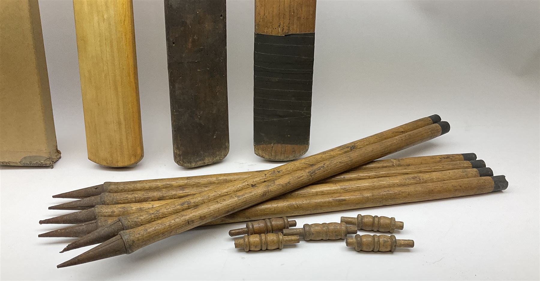 Cricket bat with Bob Simpson autograph, together with B Warsop Hendren autographed bat, another bat and six stumps and bales