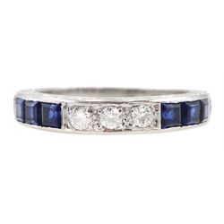 18ct white gold round brilliant cut diamond and calibre cut sapphire half eternity ring, London 1972, total diamond weight approx 0.30 carat