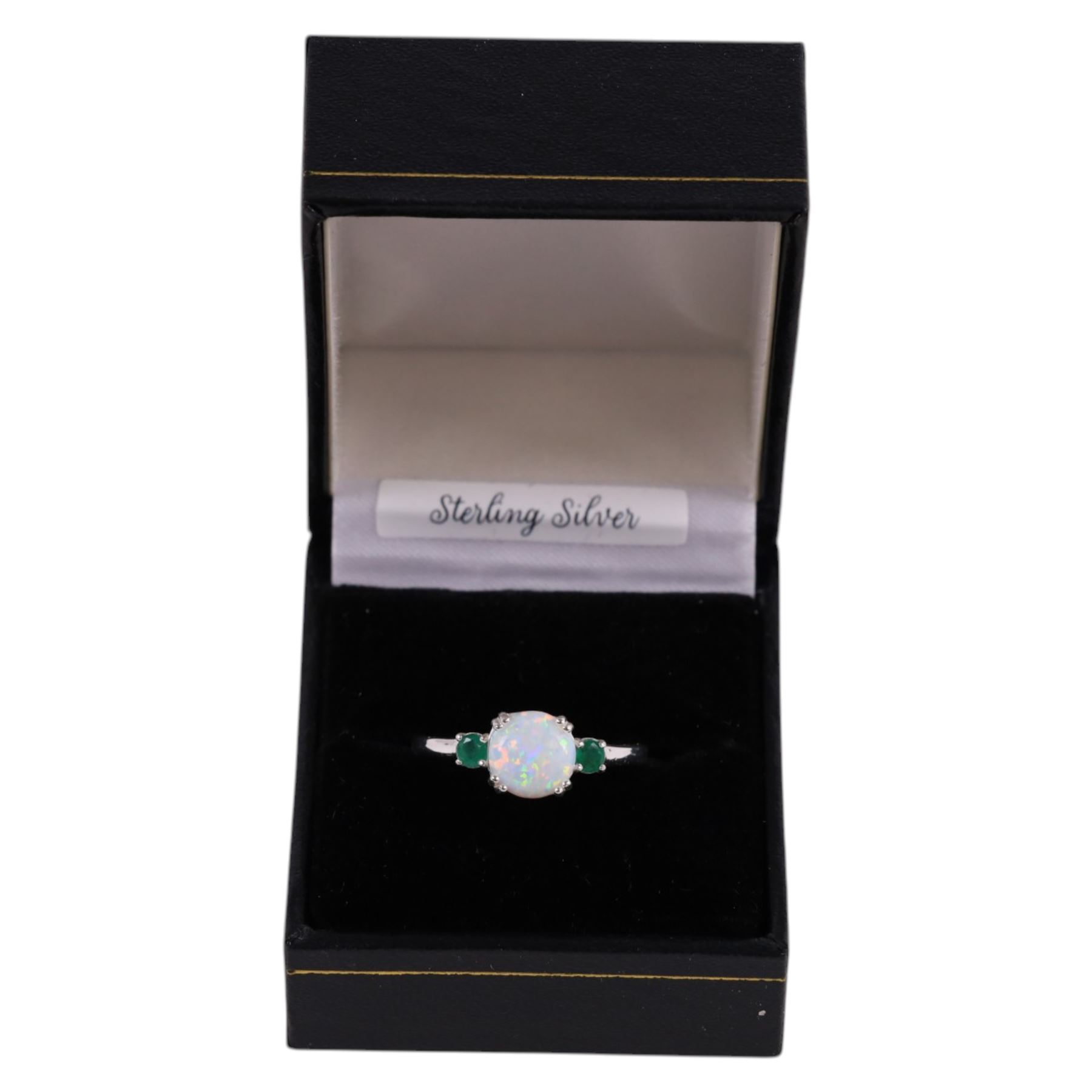 Silver opal and emerald ring, stamped 925, boxed