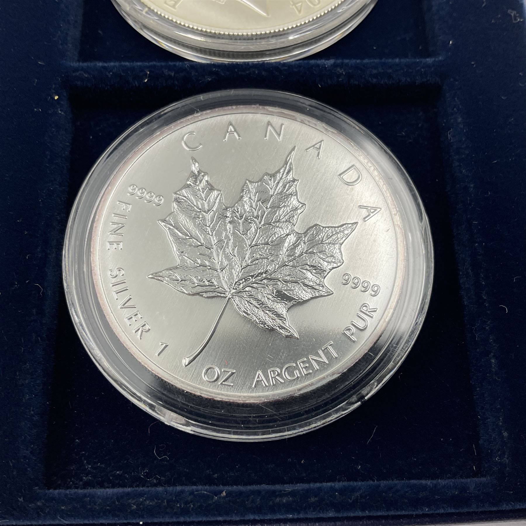 Four one ounce fine silver coins, forming 'The 2004 Famous World Silver Coin Collection', comprising United States eagle, Australian kangaroo, Chinese panda and Canadian maple leaf, cased with Westminster certificate 