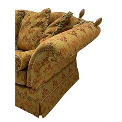 Three seat traditional design drop arm Knoll type sofa, and matching two seat sofa with footstool