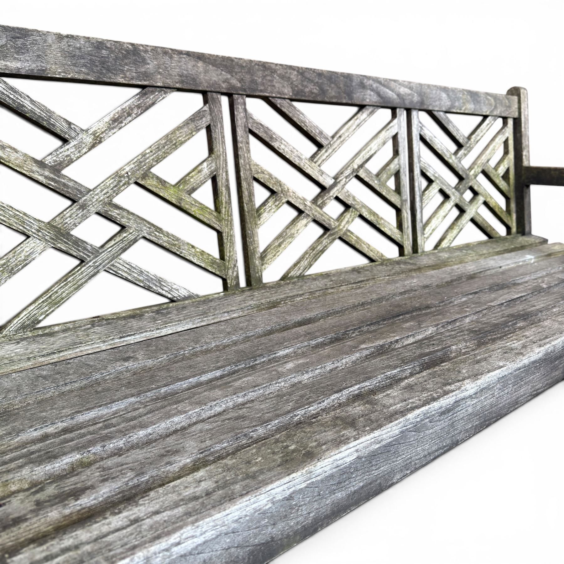 Plantation teak garden bench, triple lattice with slatted seat