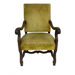 Early 20th century Carolean design mahogany framed throne chair, back and sprung seat upholstered in sage green fabric, scrolled amd reeded arms with carved oak leaf design, shaped supports with scroll feet united by waived stretchers