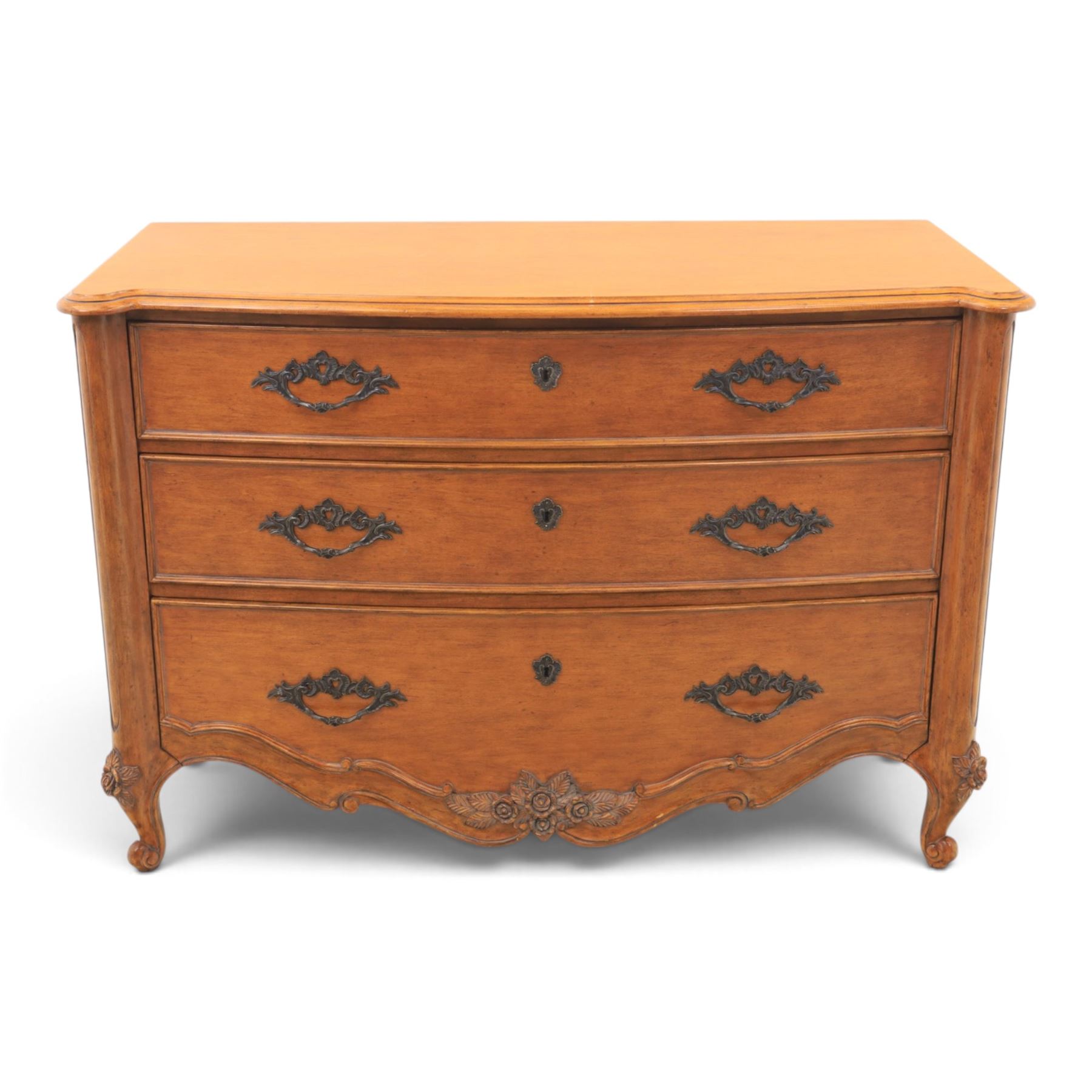 And So To Bed - 'Louis XV' large cherrywood chest, bowed shaped top above three long graduating drawers, blackened metal handles and escutcheons, raised on scrolled supports with carved foliate knees 