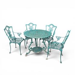 Victorian style cast aluminium garden table and four armchairs chairs in a weathered green finish