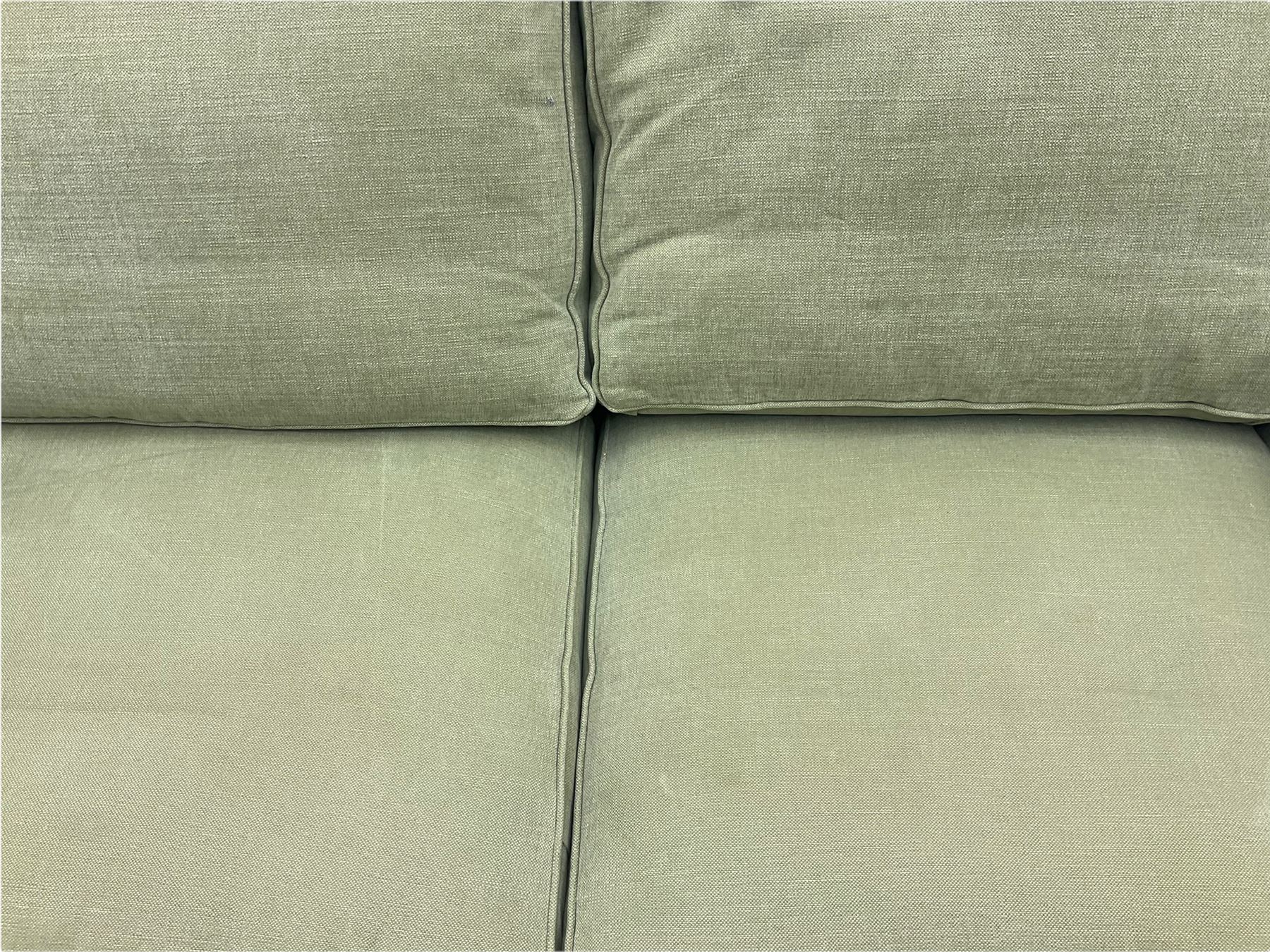 Wesley-Barrell two seat sofa and pair of matching armchairs, upholstered in sage linen fabric