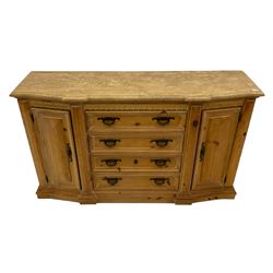 Pine break-front side cabinet, fitted with marble top, four drawers and two cupboards, iron handles