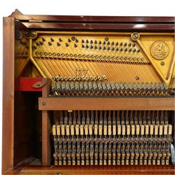 Claud Bechstein- German model IV overstrung upright piano in a mahogany Arts & Crafts designed case by Walter Cave, Serial number 56589 (1900-01), with a lattice music desk and silk backed open fretwork, square key fall with makers name and crafted brass hinges, two candle sconces on tapered square supports, makers name and model number cast into the frame, with an underdamper action, una-corda and sustain pedals, recently re-strung with new tuning pins, responsive action and damping, in very good playing condition, with 85 ivory and ebony keys A0-A7, tuning A=440. Including a period duet stool with a velvet-padded top.
Walter Cave was a leading architect, interior designer, and furniture maker during the Arts & Crafts period, a similar piano to this was owned and played by George Bernard Shaw and is on exhibition at the National Trust property, Shaw's Corner (Hertfordshire).

This item has been registered for sale under section 10 of the APHA Ivory Act, Reference 8P3C9UKA
