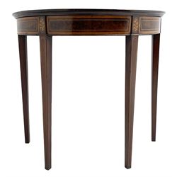 19th century inlaid mahogany demi-lune console table, the top with satinwood band lifts to reveal storage, figured frieze with boxwood stringing and floral inlays, square tapering supports