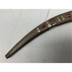 Late 19th/early 20th century Moroccan nimcha dagger-sword, the 40cm curving steel blade with engraved decoration on both sides; shaped hardwood hilt inlaid with brass, white metal wires and red coloured panels; in similarly inlaid scabbard L61cm overall