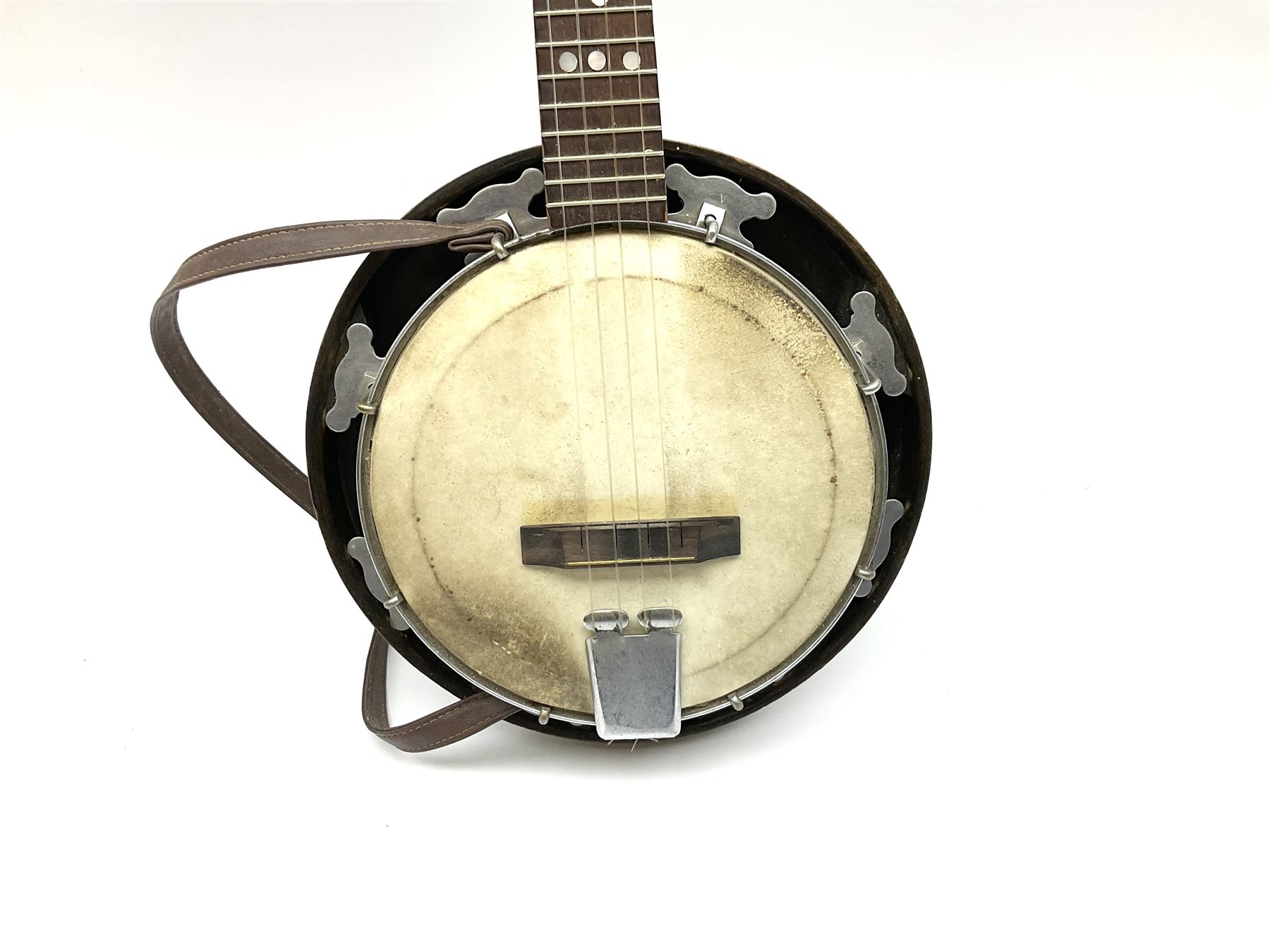Melody-Uke four-string ukelele banjo, makers plaque to head stock L59cm; and Italian eight-string lute-back mandolin with mahogany stained segmented maple back and spruce top L59cm (2)