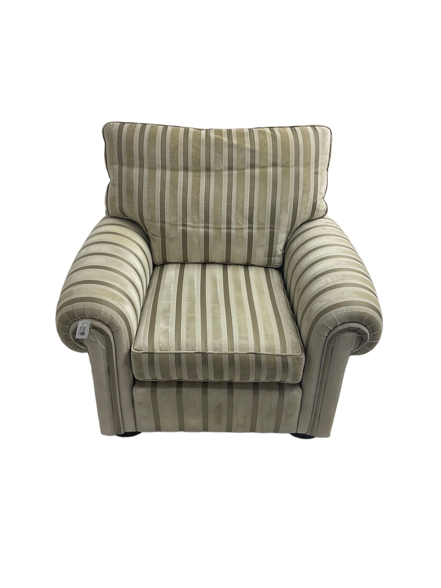 Duresta - 'Waldorf' armchair, in neutral striped fabric, on compressed bun feet