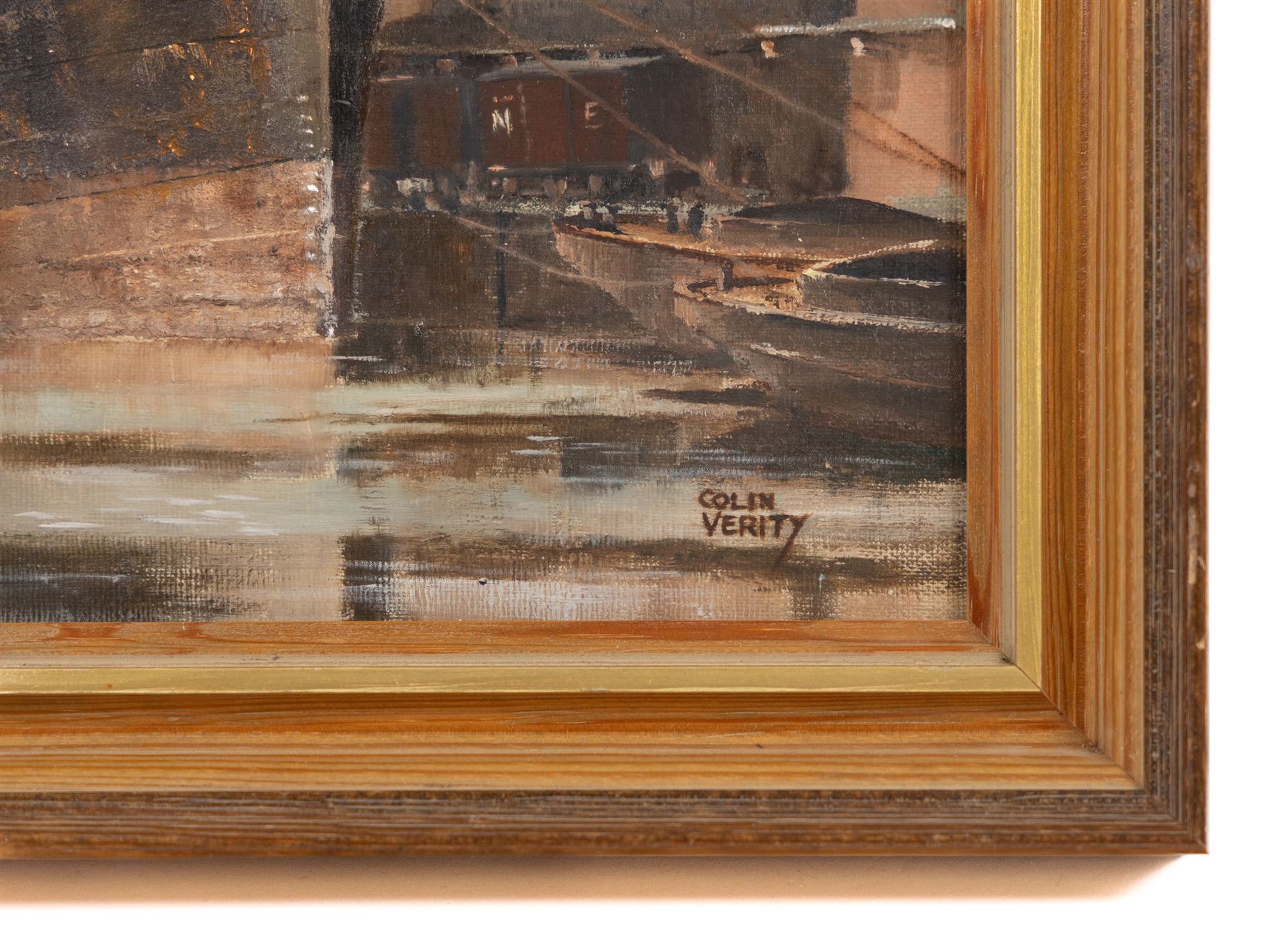 Colin Verity (British 1924-2011): 'Merchantmen at the Quayside', oil on board signed 24cm x 31cm
