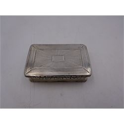 George IV silver snuff box, of rectangular form, with engine turned decoration, chased foliate borders and blank cartouche to centre of hinged cover, opening to reveal a gilt interior, hallmarked John Bettridge, Birmingham 1825, W7.6cm