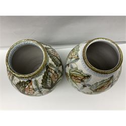 Pair of Denby Glyn Colledge stoneware vases of ovoid form with floral decoration over cream ground, together with a large bowl in a similar design, vases H32cm