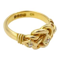 Edwardian 18ct gold three stone old cut diamond love knot ring, maker's mark EK, London 1903