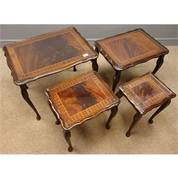  Regency style figured mahogany quartetto of nesting tables, glazed tops, with cabriole supports, W67cm, H56cm, D49cm  