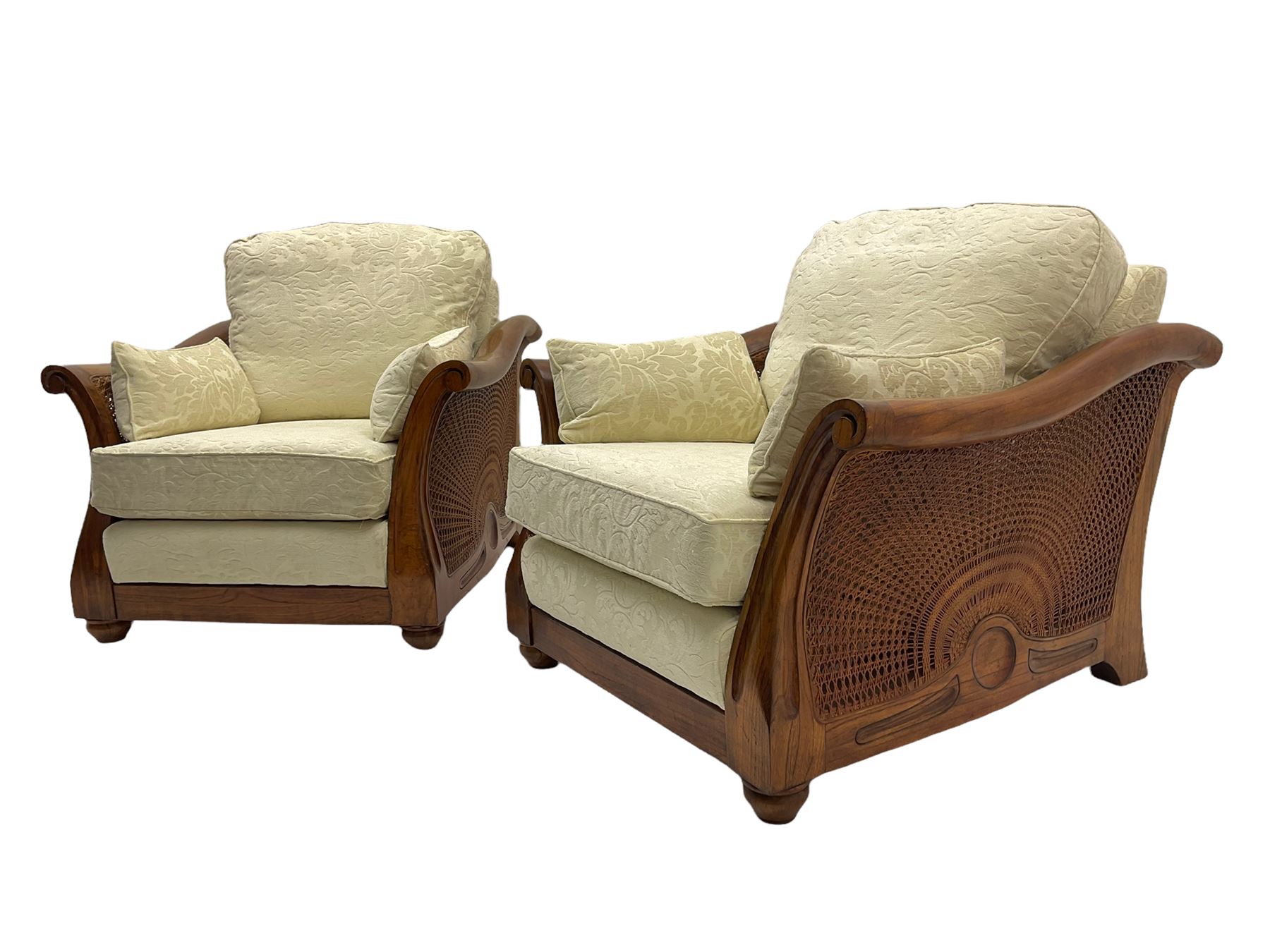 Multi-York - Hardwood framed bergère lounge suite, three seat sofa (W204cm), and pair matching armchairs (W90cm), upholstered in cream floral pattern fabric 