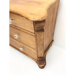 Victorian pine chest, shaped moulded top, two short and two long drawers, turned supports, W110cm, H80cm, D51cm