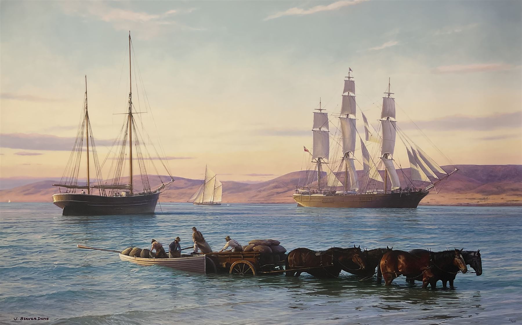 John Steven Dews (British 1949-): ‘Sunrise - Spencer Gulf’, limited edition print on canvas numbered 21/300, 70cm x 111cm