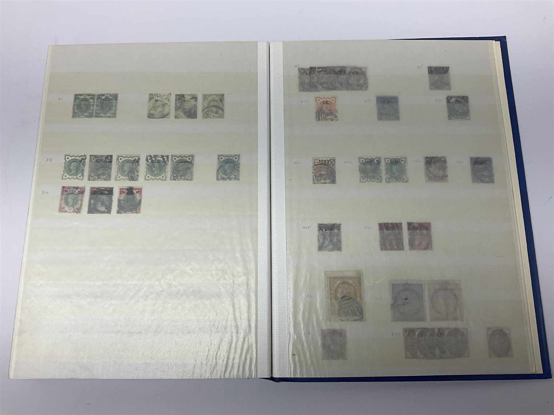Mostly Great British Queen Victoria stamps, including penny black with black MX cancel, 1840 two pence blue with black cancel, imperf penny reds singles and pairs, perf penny reds stars and plates, various postmarks or cancels, penny reds on pieces or covers, halfpenny 'bantams', other QV issues with some higher values etc, housed in a blue stockbook