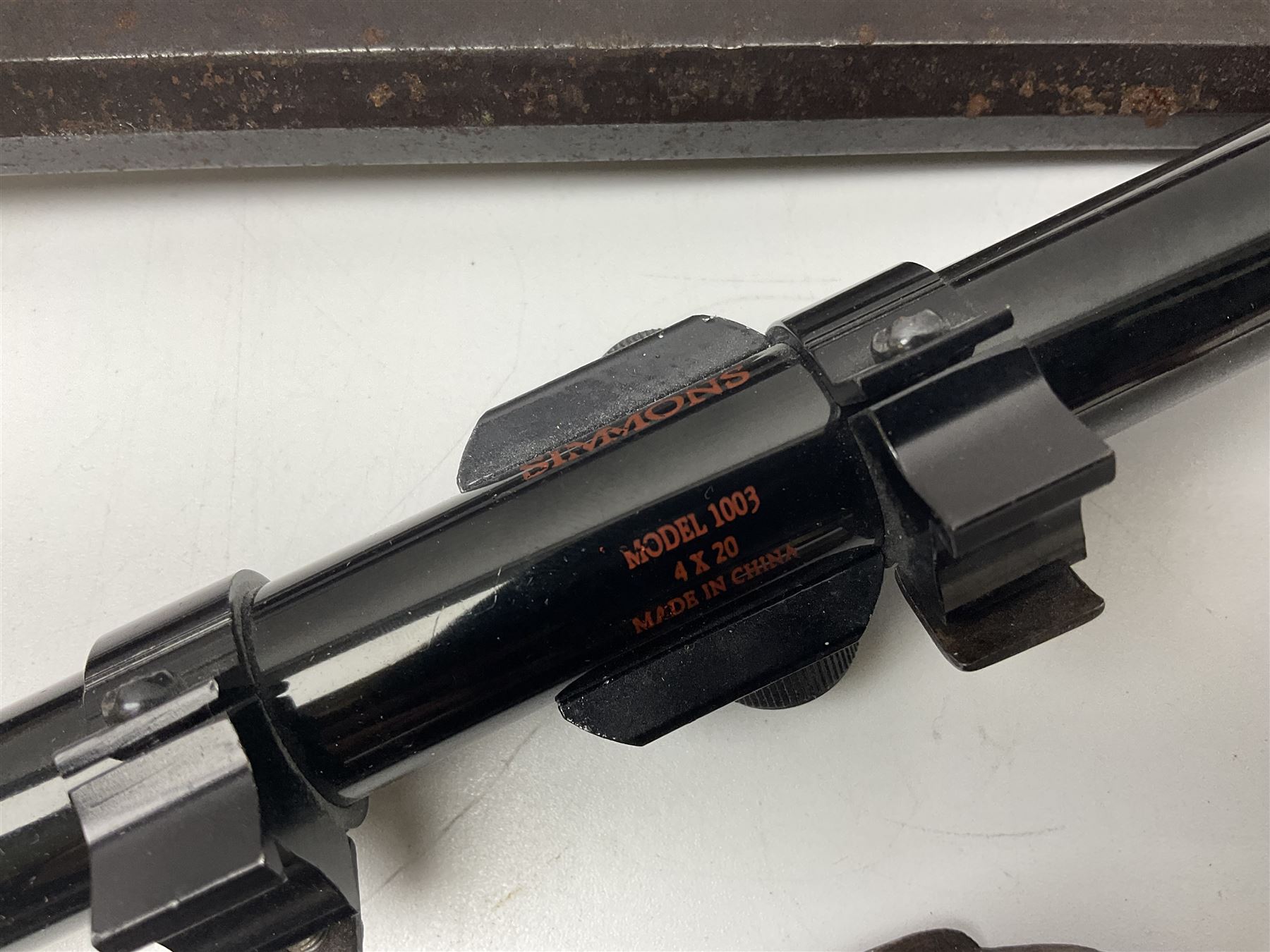 Assorted rifle and pistol spares; early Gem air rifle with sawn off barrel (piece present); telescopic sight; canvas/leather ammunition pouch; Mauser stock; barrel browning solution etc