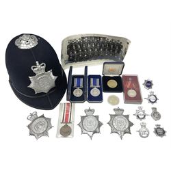 Two Elizabeth II Police Long Service and Good Conduct medals, awarded to Sergt Richard B Coleclough and Const John E Preston, both in original cases, George V Special Constabulary Faithful Service medal awarded to John Proctor, Fur Treue Dienste German medal faithful service to fire brigade, Metropolitan Police 150th Anniversary medallion, Lincolnshire Police The Queen's Golden Jubilee commemorative medal in box, together with quantity of Elizabeth II Police helmet plates and badges, in chromium plated die stamped metal with QE II crown above star, circlet and coat of arms or EIIR, including West Midlands, Metropolitan, Birmingham City, etc and police helmet