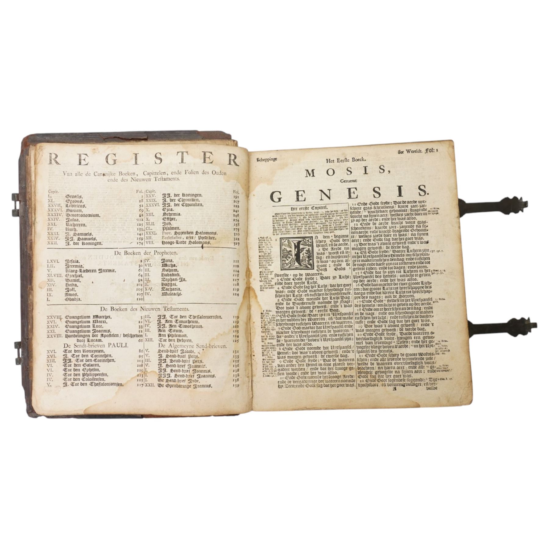 Biblia, dat is de gantsche H. Schrifture..., Dutch States Bible, engraved title, separate New Testament title, metrical Psalms with musical notation, Amsterdam: Ph. Losel, H. Brandt, D. Onder de Linden, G. de Groot, P. Schouten and de Wed. O. van Grafhorst, 1768, contemporary panelled calf with brass clasps, 29 x 23cm