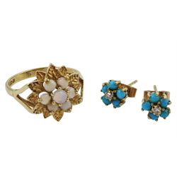 Gold opal cluster ring and a pair of gold turquoise and diamond cluster stud earrings, both hallmarked 9ct