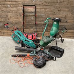 A Bosch Rotak 34R lawn mower, a Bergman Pro 3in1 Scarficer, Rake & Sweeper, a Black &Decker GS1800 chipper, a strimmer and a blower