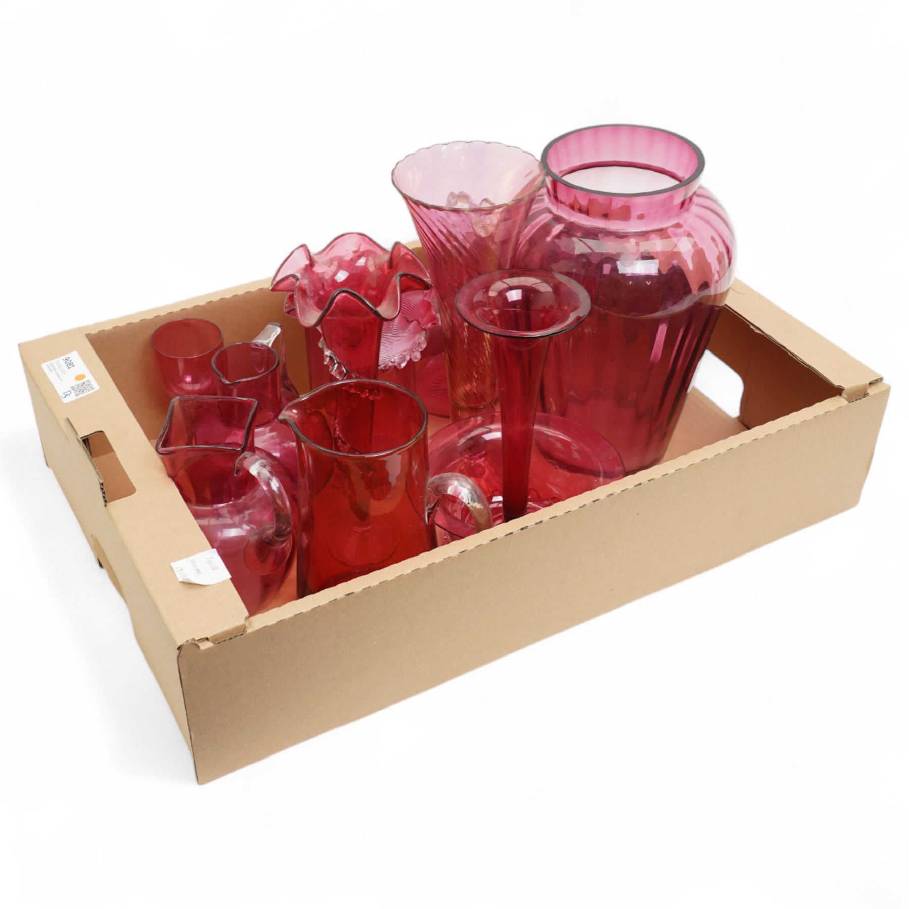 Large collection of Victorian and later cranberry glass, including various large examples, in one box, tallest H30cm 