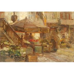 Paul Paul (Staithes Group 1865-1937): Market Stalls, oil on mahogany panel unsigned, artist's studio stamp verso 24cm x 35cm (unframed) 
Provenance: from the artist's studio collection. Paul Politachi, born in Constantinople in 1865, was the son of Constantine Politachi (1840-1914), a merchant in cotton goods, and his wife Virginie. About 1870 the family came to England, and in 1871 Paul is listed as living at 4 Victoria Crescent, Broughton, Salford with his parents, two younger sisters Eutcripi and Emilie, paternal grandmother Fotine, a governess and a servant. In January 1887 he enrolled at Hubert von Herkomer's School at Bushey, where he presumably met fellow future Staithes Group members Rowland Henry Hill and Percy Morton Teasdale.

After his marriage to Marion Archer in 1896 he changed his name to the more Anglophone Paul Plato Paul. He exhibited at the Royal Academy ten times between 1901 and 1932. He was elected to the Royal Society of British Artists in 1903 and in that year exhibited 'The Old Pier, Walberswick' and 'The Road to the Village' in their winter exhibition. Two years later he was elected a member of the Staithes Art Club, alongside Teasdale. He died at 11 Bath Road, Bedford Park, Brentford, Middlesex on 23 January 1937, aged 71.