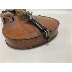 19th century full sized violin in a later hard case, decorative mother of pearl inlay to the tail piece Overall length 60cm No bow
