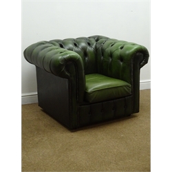  Chesterfield armchair upholstered in deeply buttoned green leather, W98cm  