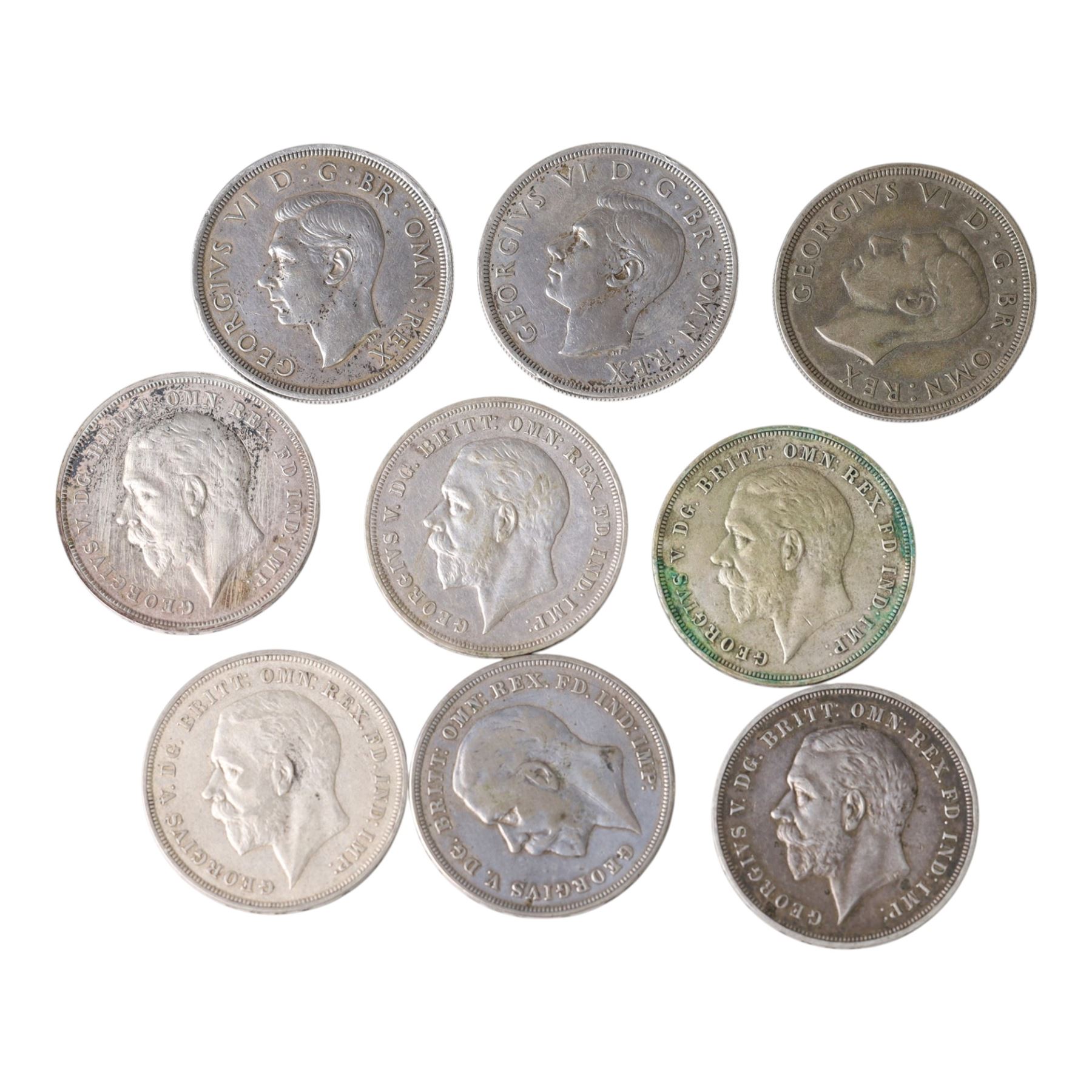 Six King George V 1935 'Rocking Horse' silver one crown coins and three King George VI 1937 silver one crown coins (9)