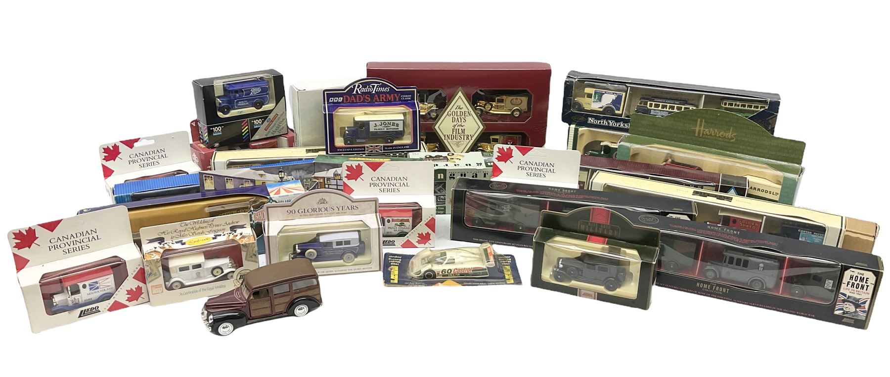 Collection of Diecast model vehicles, including Lledo The Golden Days of the Film Industry limited edition set, Lledo H Samuel boxed vehicle, and other similar examples 