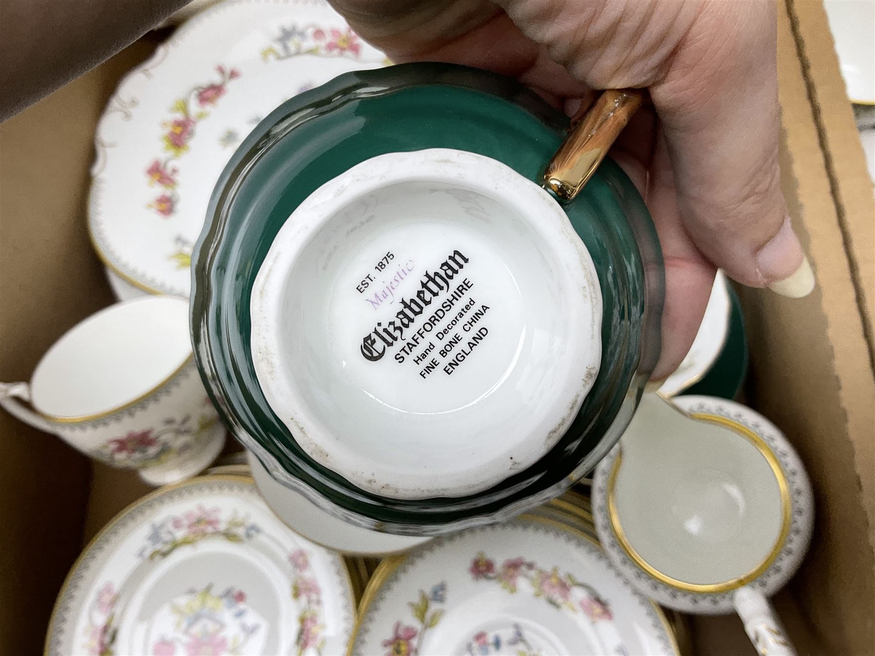 Coalport 'Persian Flower' part tea service for four, together with Elizabethan 'Cavendish' cups and saucers, Border Fine Arts dog figure, other teawares and ceramics, metalware etc in two boxes