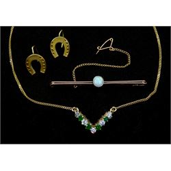 Pair of Victorian 9ct gold horseshoe earrings, Birmingham 1889, rose gold opal bar brooch, stamped 9ct and an emerald and cubic zirconia necklace, hallmarked 9ct