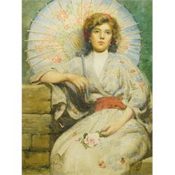 Charles Alphonse Goldie (British 19th/20th century): Portrait of a Chinoiserie Girl Holdin...